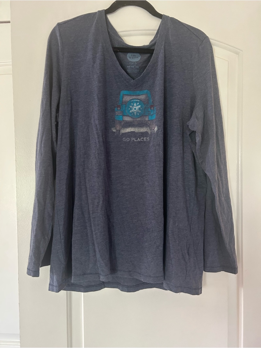 Life Is Good Heather Blue V-Neck Tee with Teal Accent